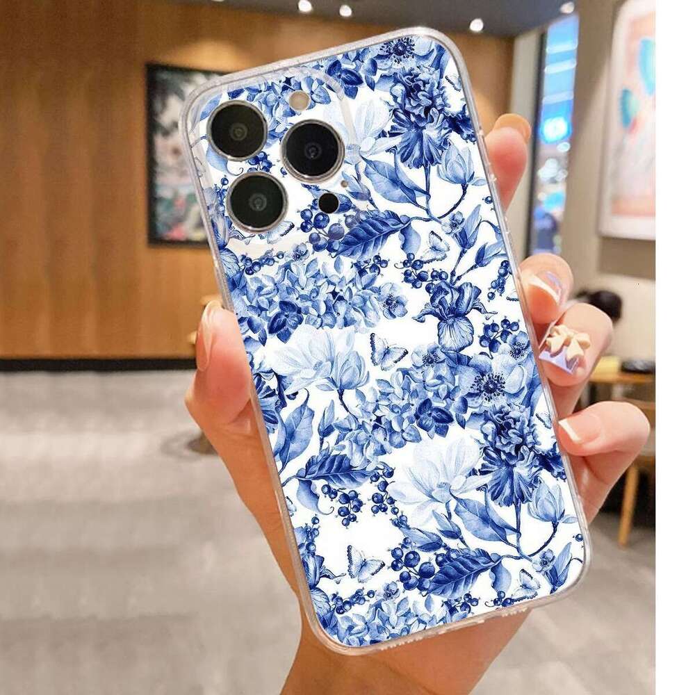 Blue and White Porcelain Color Anti-Fall Transparent for iPhone 15/16/17 Series Pro Max/14 Phone Case Protection S260128