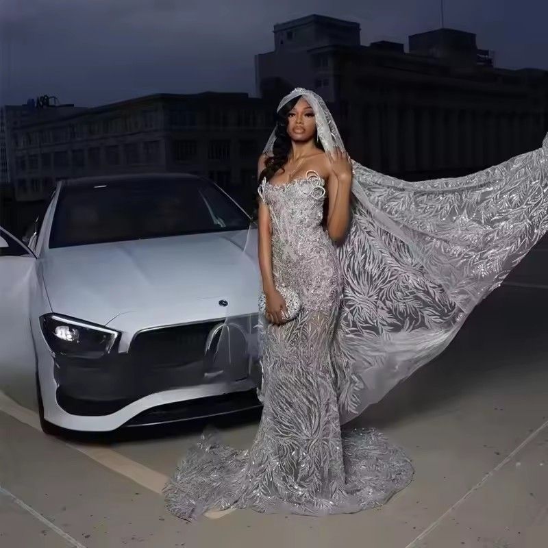 Luxury Prom Dresses With Wrap Sequin Beading Black Girls Mermaid Party Gowns 2026 Strapless Bespoke Evening Dress Customized J28 B0312