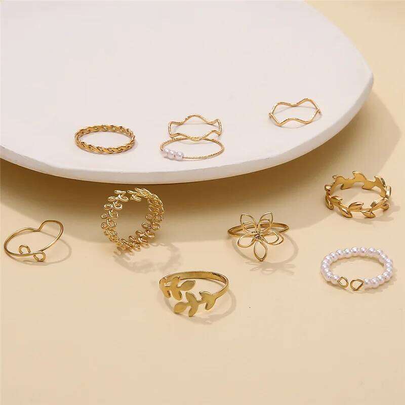 10Pcs Imitation Pearl Leaf Flower Rings Set For Women Rhinestone Butterfly Metal Knuckle Finger Ring Jewelry XJ260127