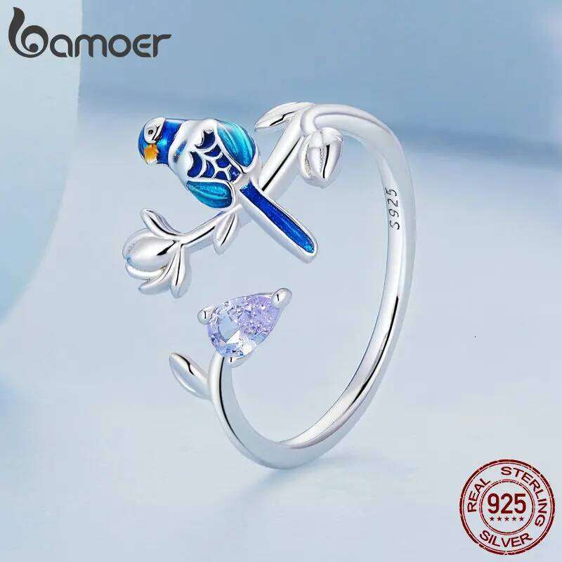 Bamoer 925 Sterling Silver Exqusite Blue Bird for Women Fine Jewelry Dainty Leaf Open Ring Fashion Wedding Gift BSR288 XJ260127