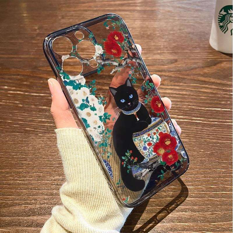 Blue and White Porcelain Peony Black Cat Case for iPhone 16, 15 Pro Max, Niche 14 Pro, Apple 13/12 S260128