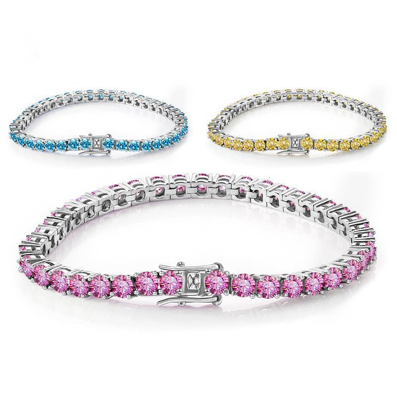 Custom Jewelry Mens 925 Sterling Silver Tennis Chain Bracelet Rhodium Plated Round Sapphire Blue VVS Moissanite Tennis Bracelet