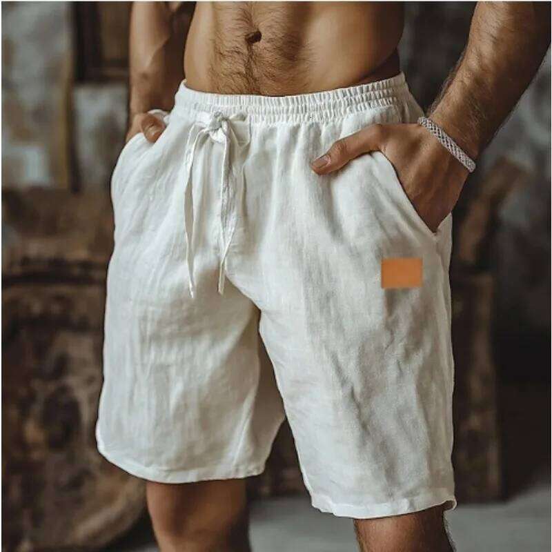 Linen Shorts Drawstring Elastic Waist Straight Legs Solid Color Breathable Daily Beach Five-point Casual Pants X260128
