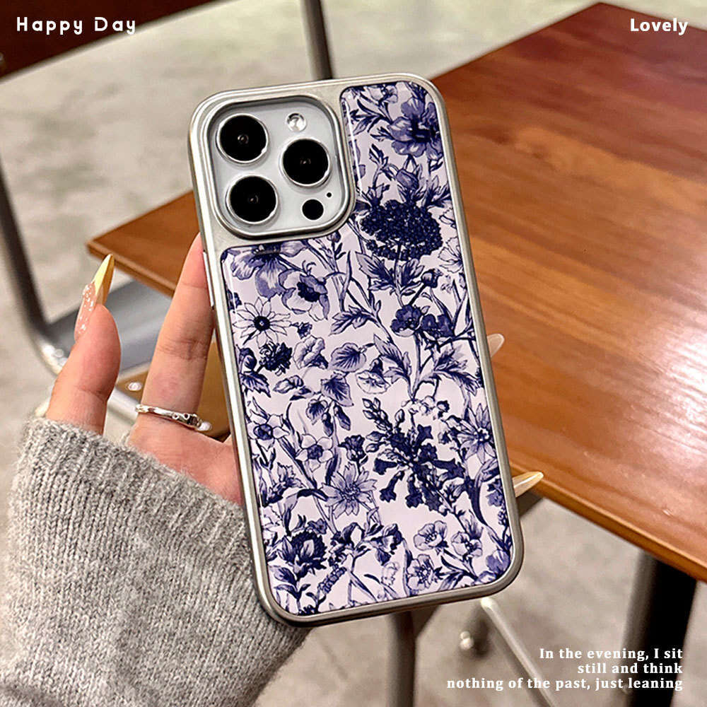 New National Style Compatible with iPhone 16 Blue Transparent Flower Electroplated Epoxy Apple 14 PM Phone Case S260128