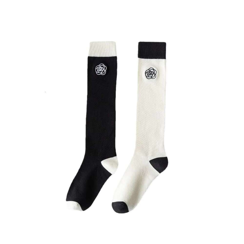 Black and White Color-Block Embroidered Calf Patchwork Leg Ins Trend Japanese College Style JK Long Tube Knee-High Socks
