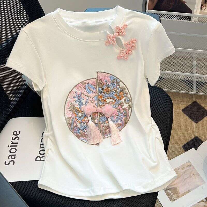 2025 Summer National Fashion Niche Retro Hollow Embroidery New Chinese Style Button Slimming Short Sleeve T-Shirt For Women