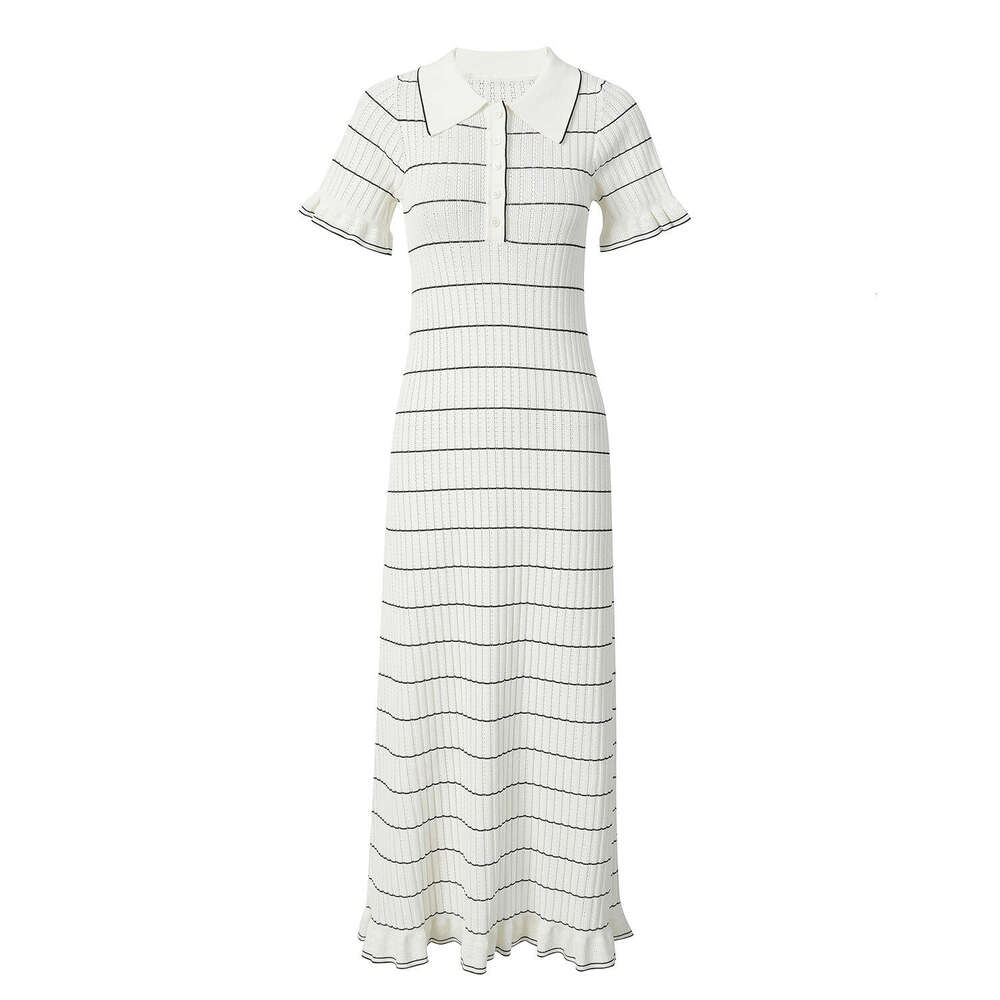 2026 Summer New Style Color Block Black and White Stripe Flip Collar Short Sleeve Medium Long Slim Women's Knitted Dress