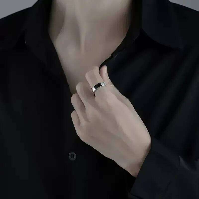 Trendy Vintage Silver for Men Jewelry Black Rectangle Retro Dragon Pattern Ring Male Rings Adjustable XJ260127