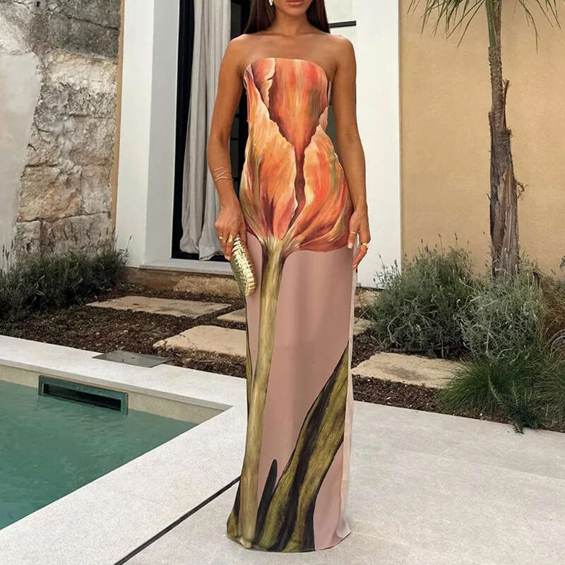 2026 spring European and American foreign trade women's fashionable sleeveless off shoulder tube top sexy backless printed dress