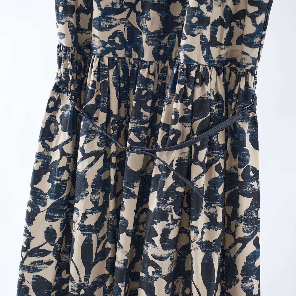2026 Summer New Designer Cotton Poplin Printed Round Neck Sleeveless Dress for Women with Belt