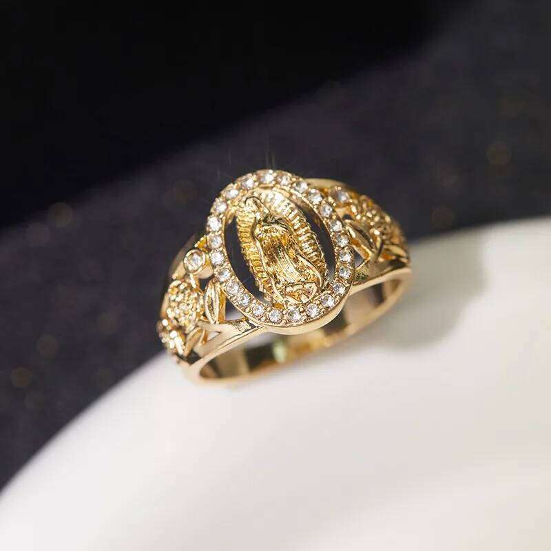 Classic Hip Hop Punk Gold Color Skeleton Flower Oval Mary Portrait Ring Unisex Fashion Party Jewelry Accessories XJ260127