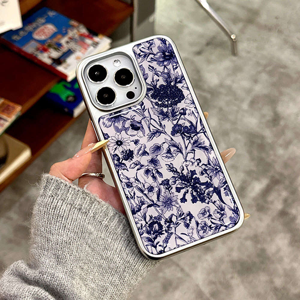 New National Style Compatible with iPhone 16 Blue Transparent Flower Electroplated Epoxy Apple 14 PM Phone Case S260128