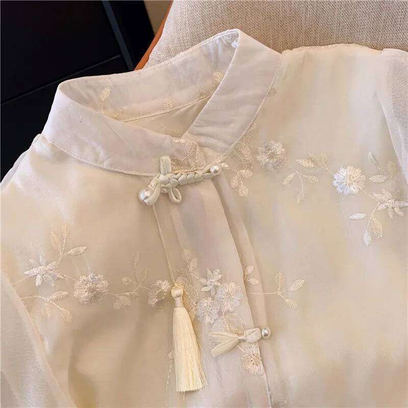 Chiffon Chinese Style Women's Shirt Summer Vintage Embroidery Blouses Loose Long Sleeves Women Tops Fashion Clothing DREAM RECALL
