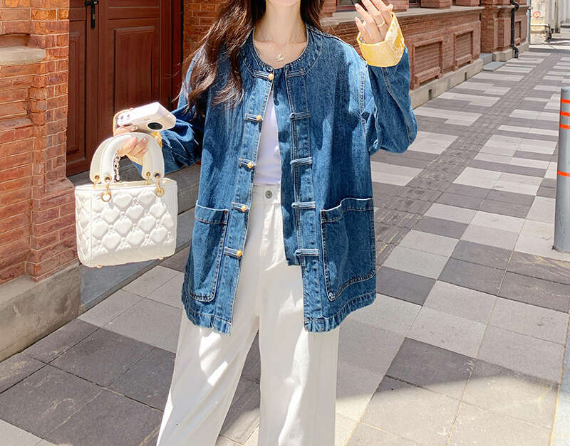 Women's Chinese Style Frog Button Denim Jacket Loose Fit Casual Jean Coat
