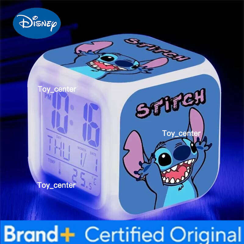 Disney Stitch Alarm Clock Anime Figure Angel Led Nightlight 7 Color Change Student Desk Decoration Toys Accessory Kids Gifts H260128