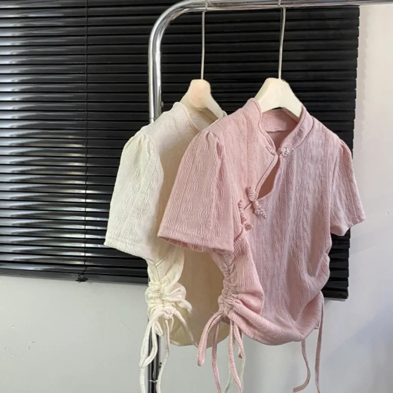 Solid Short Sleeve T-shirts Women Summer Sweet Girls Hollow Out Button Stand Collar Shirring Cropped Slim Trendy Chinese Style 260128 - view 3