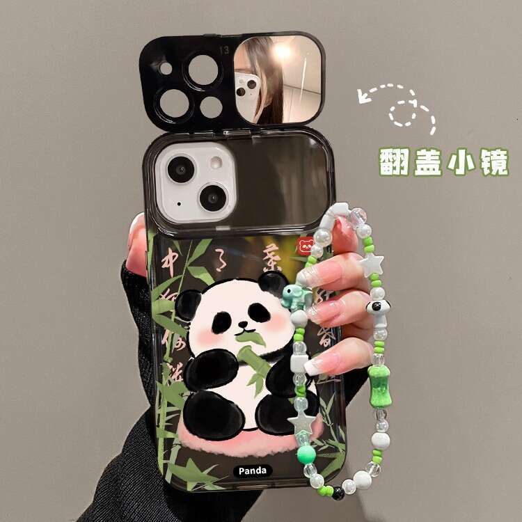 Compatible with Apple 15 Transparent Phone Case iPhone 14 Pro Chinese Style Bamboo Forest Panda Chain 13/12 Flip Cover Mirror S260128