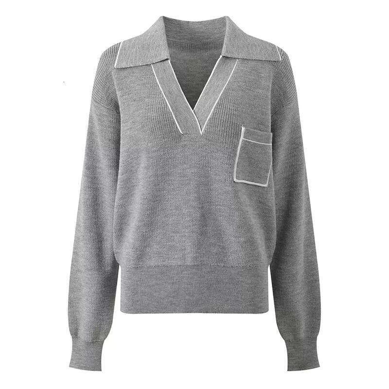 2026 autumn and winter new style white border V-neck color blocked loose casual knitted women's sweater top