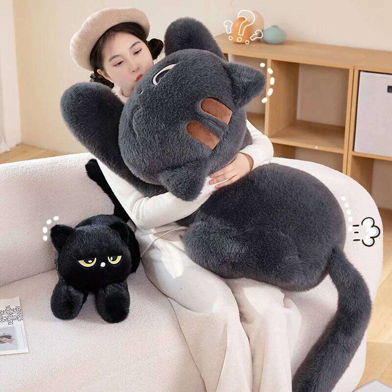 Cute Half Round Eyed Plush Toy Prone Black Cat Pillow Kids Game Fans Halloween Christmas Birthday Gifts Home Decor Y260128