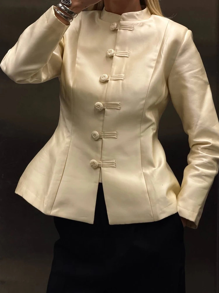 Elegant Satin Short Mandarin Jacket Women Chic Full Sleeve Waist Cinching Single Breasted Coats 2026 Lady Spring Commute Jacket 260128 - view 5