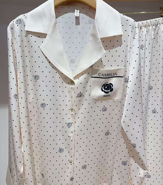 Homewear Women's Pajamas Early Spring Ice Silk Polka Dot Camellia Light Long Sleeve Comfortable Loungewear Set