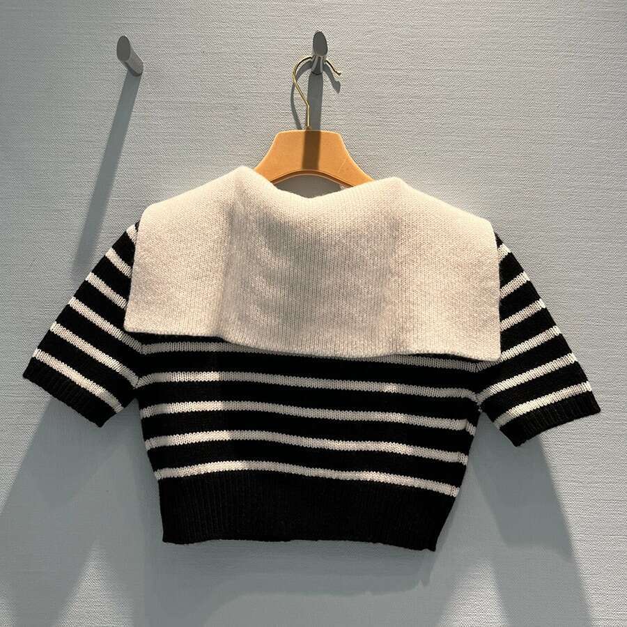 2026 Spring New Navy Blue Collar Knitted Sweater Short Sleeve Striped Slimming Women's Open Knitted Sweater