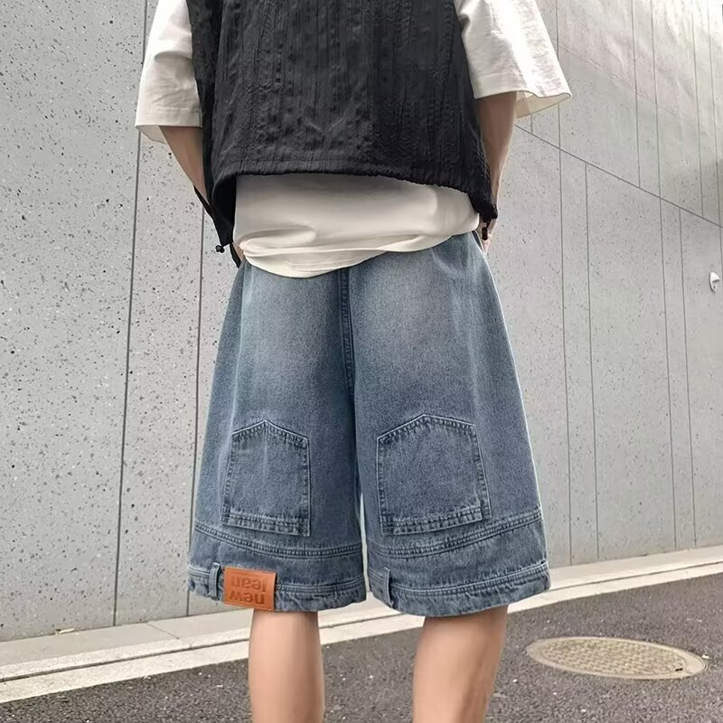 Reverse Wear Denim Shorts for Men Summer New Niche Design Loose Straight Pants Trendy American Style Five-Point Shorts