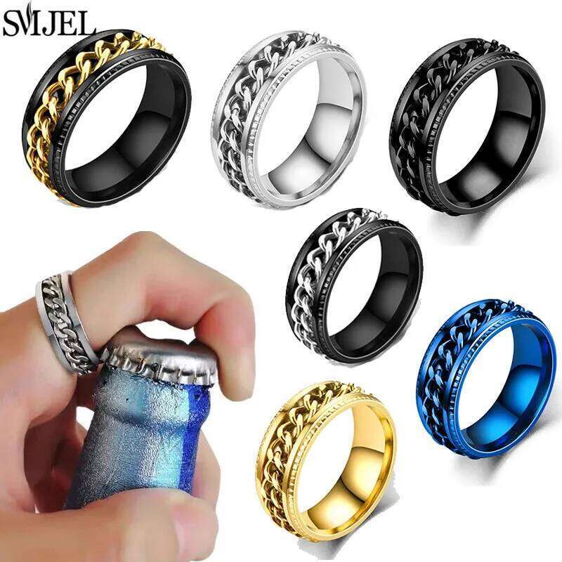 Cool Stainless Steel Rotatable Chain Men' Ring Multifunctional Fashion 8mm Fidget Spinner Rings Couple Jewelry bague homme 2025 XJ260127