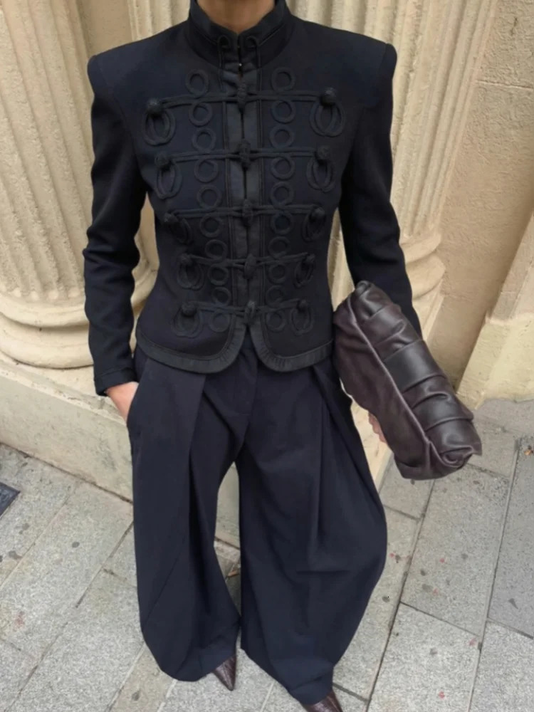 Chic Womens Jacket O-neck Full Sleeve Chinese Knot Female Napoleon Jackets 2026 Early Spring Chic High Street Lady Coats 260128