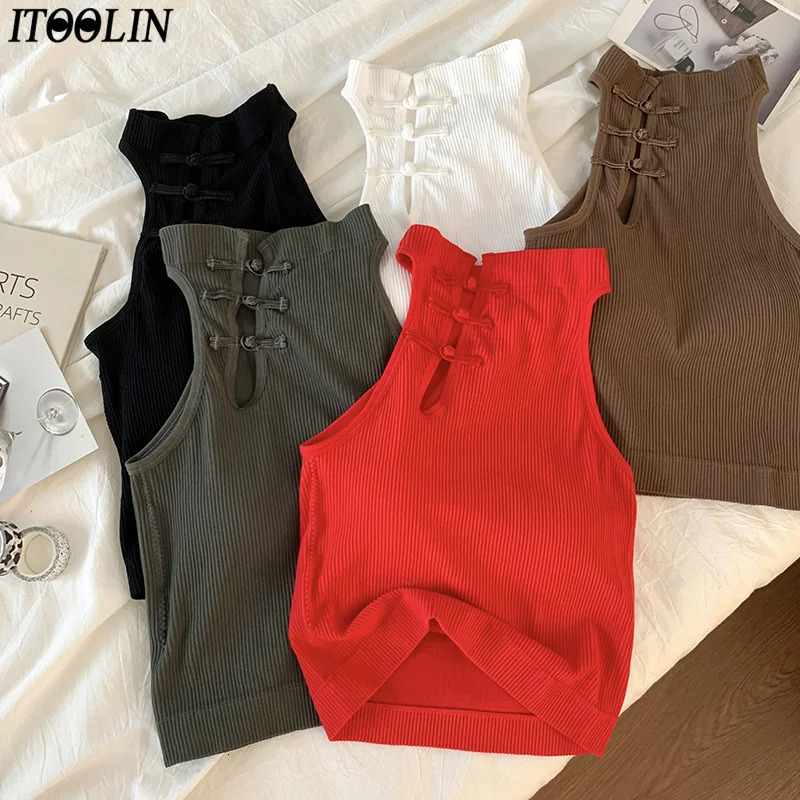 ITOOLIN Elegant Women Chinese Button Tank Tops With Bra Pad O-Neck Sleeveless Tank Tops For Women Sexy Crop Tops All-Match 260128