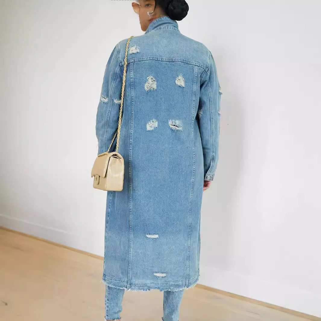 Women Long Denim Jacket Hole Overcoat Single Breasted Pockets Turn Down Collar 2024 Female Streetwear Vintage Jean Outerwear 260120