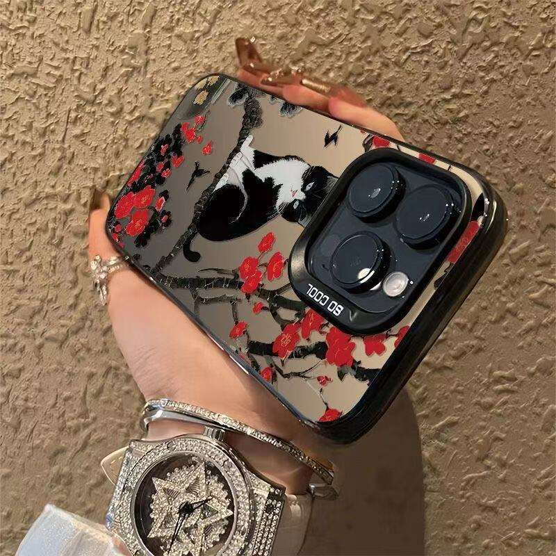 Plum Blossom Black Cat Compatible iPhone 16 Case Apple 15 Max/14 Shockproof 13 Pro 12 Personalized 11 XR S260128