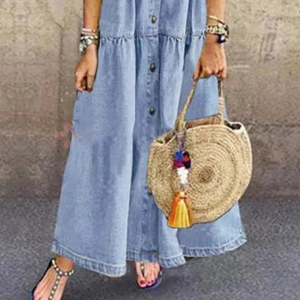 Retro Women Dresses Short Sleeve Turn Down Collar Pockets Button Long Loose Denim Dress Summer Long Dress 260128