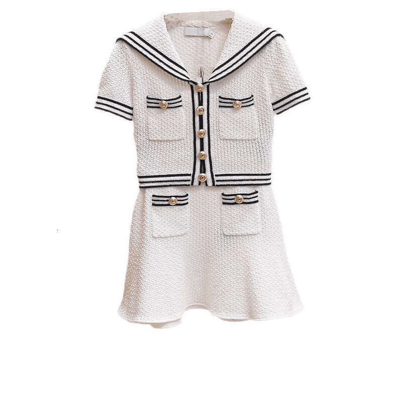 2026 Summer New Designer Retro Navy Collar Hollow Top Ruffle Knitted Women's Two Piece Set