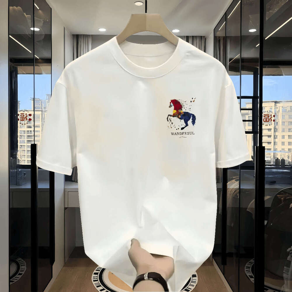 Men's Short Trendy Pure Cotton Printed Sleeve T-Shirt New Summer Hot Trend Casual Round Neck Tee Daily Outfit
