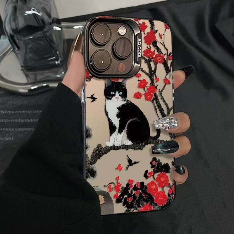 Plum Blossom Black Cat Compatible iPhone 16 Case Apple 15 Max/14 Shockproof 13 Pro 12 Personalized 11 XR S260128