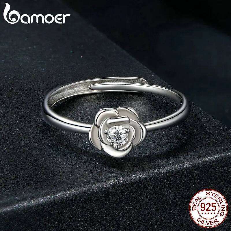 BAMOER Engagement Rings for Women, 925 Sterling Silver Big Flower Shaped Moissanite Halo Ring MSR054-E XJ260127