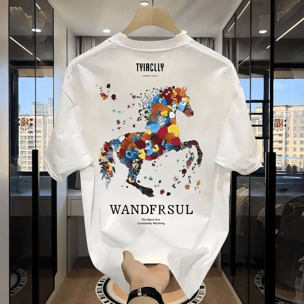 Men's Short Trendy Pure Cotton Printed Sleeve T-Shirt New Summer Hot Trend Casual Round Neck Tee Daily Outfit