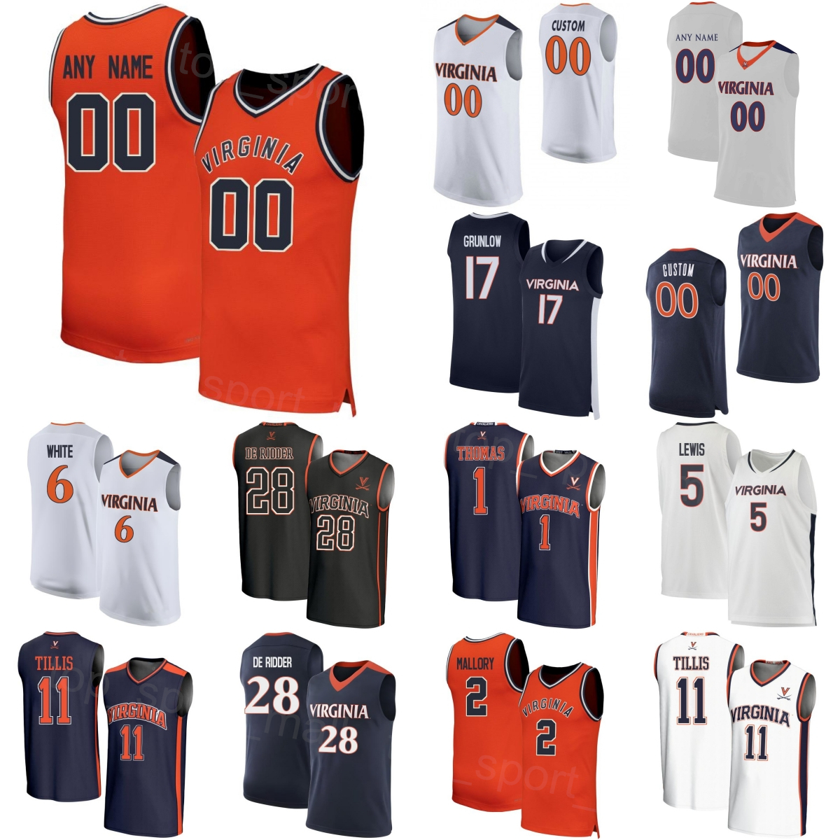 Printed College Basketball Virginia Cavaliers Jersey 28 Thijs De Ridder 1 Malik Thomas 6 Jacari White 2 Chance Mallory 5 Sam Lewis 17 Johann Grunlow Woman Mans Kids
