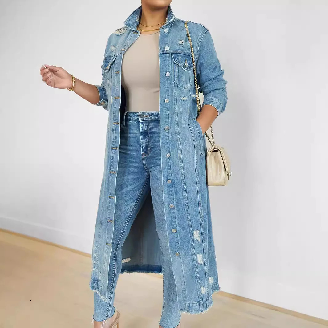 Women Long Denim Jacket Hole Overcoat Single Breasted Pockets Turn Down Collar 2024 Female Streetwear Vintage Jean Outerwear 260120