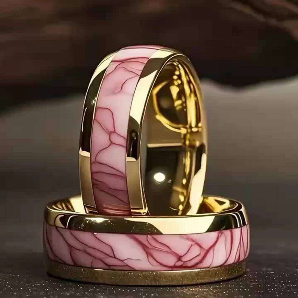 8MM Fashion Pink Abalone Shell Inlay Men's Unique Gold Color Wedding Engagement Stainless Steel Rings Women Party Ring XJ260127