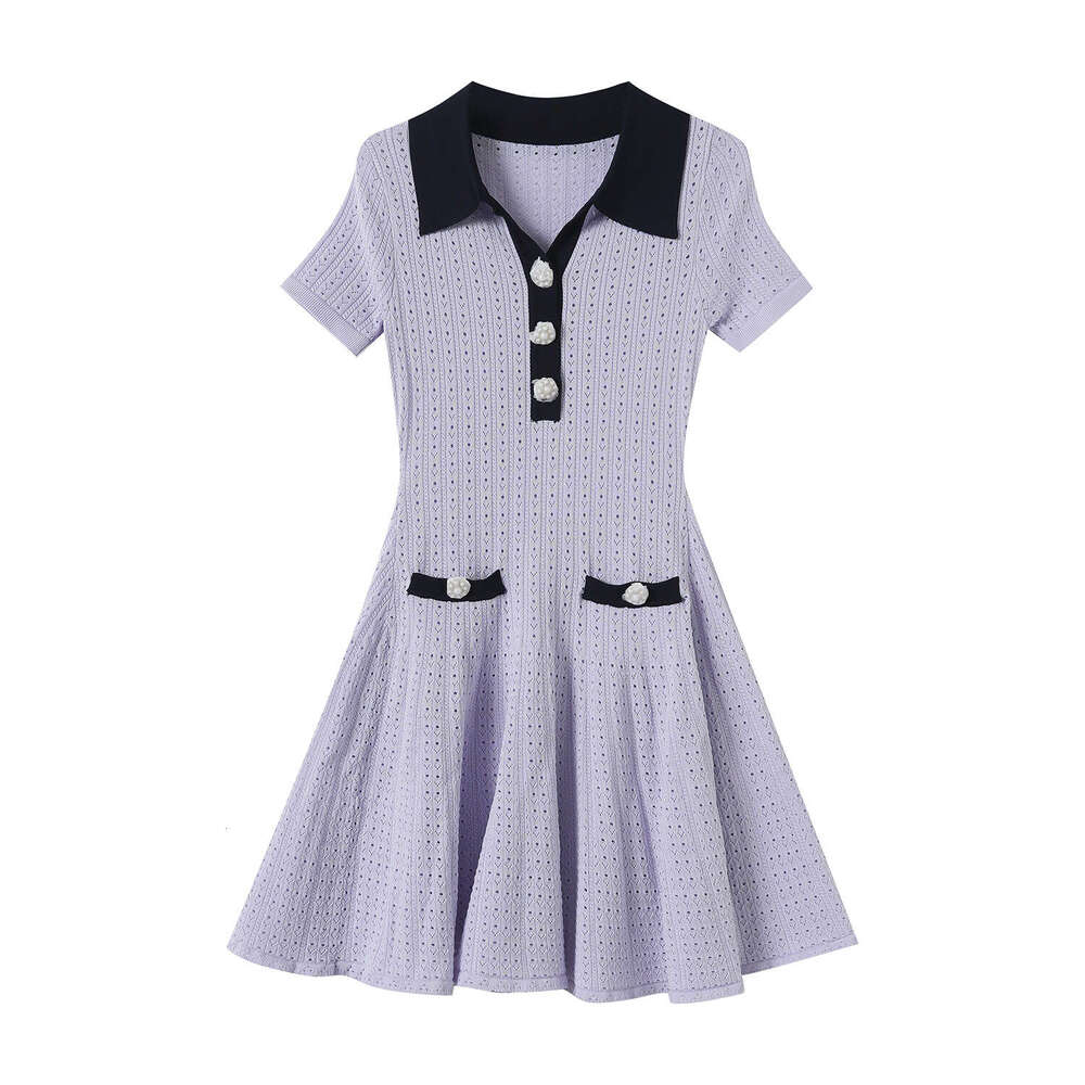 2026 Summer New Elegant Style Solid Color Collar Pearl Button Hollow Knitted Short Sleeve Dress
