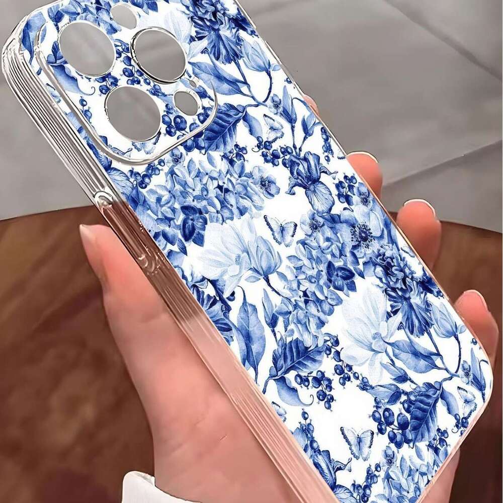 Blue and White Porcelain Color Anti-Fall Transparent for iPhone 15/16/17 Series Pro Max/14 Phone Case Protection S260128