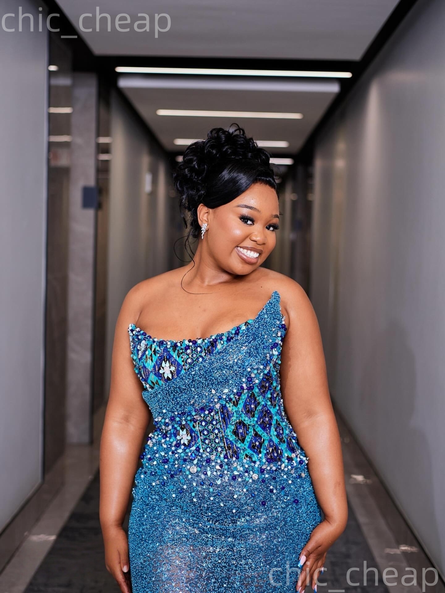 Aso Ebi Blue Sheath Nigerian Prom Dresses 2026 Printed Crystals Beaded Sequined Evening Formal Party Second Birthday Engagement Gowns Dress For Specia