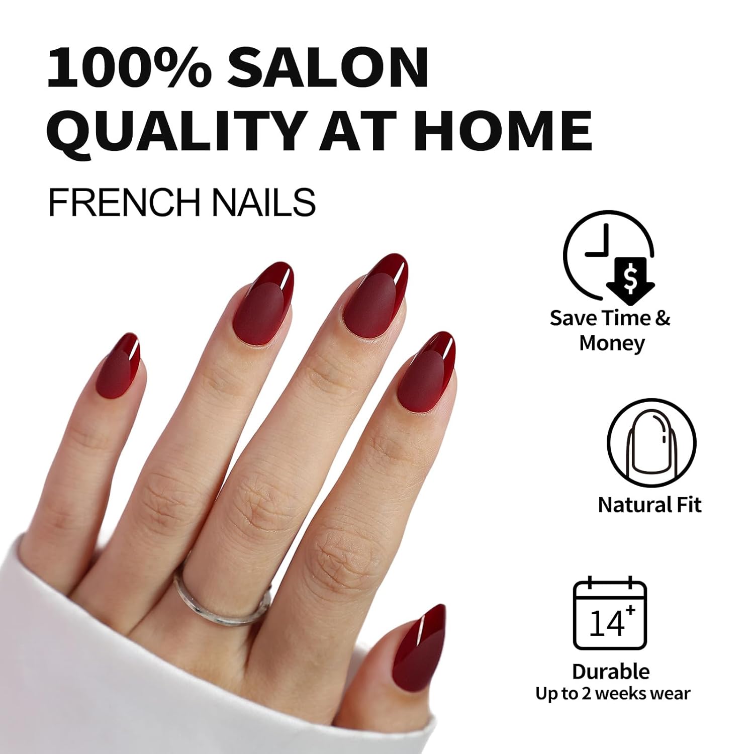 Elegant almond press-on nails that elongate the fingers naturally.glossy French tip matte effect, stick-on with glue included 16 sizes - 32 pieces reu