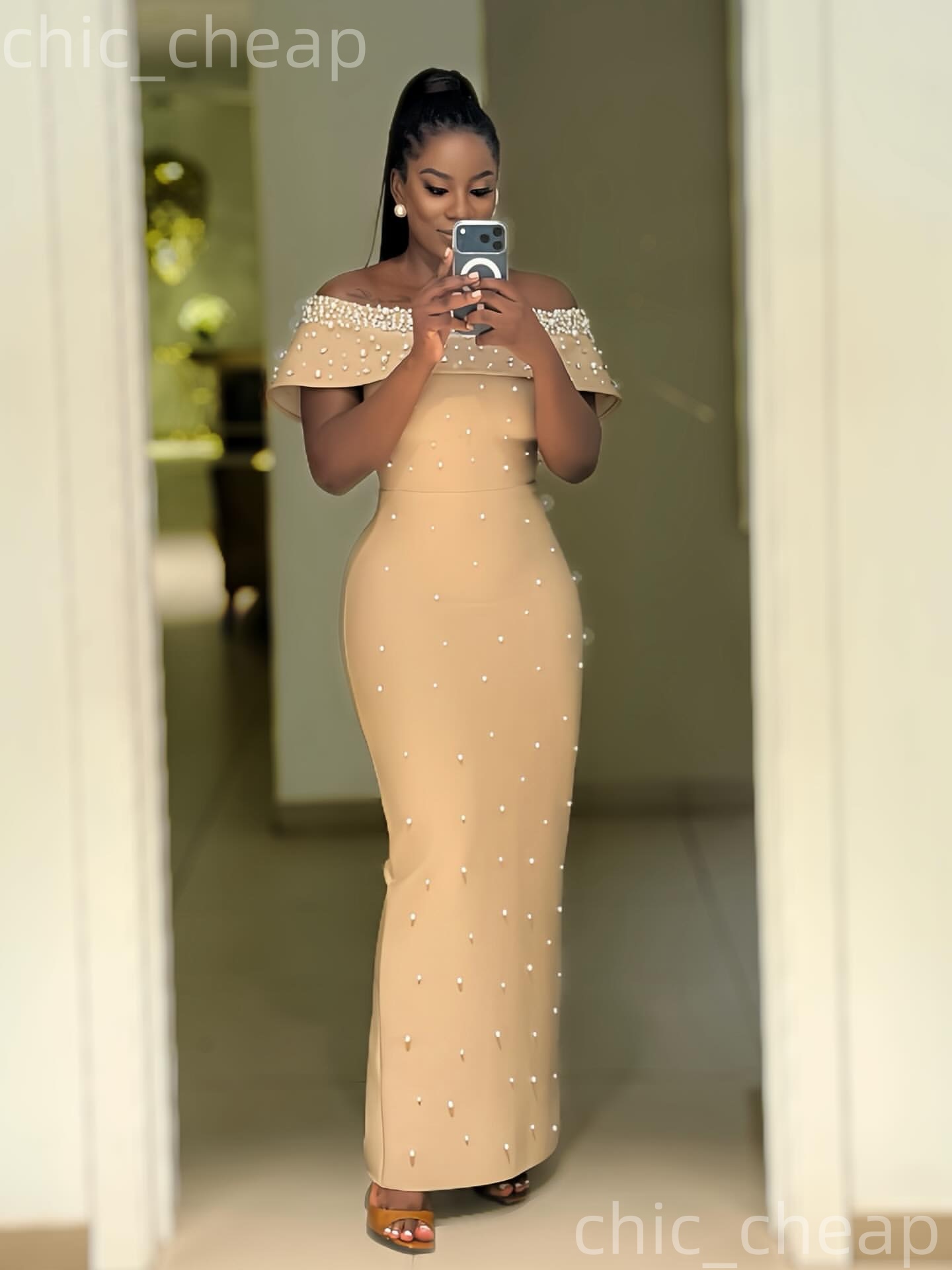 Aso Ebi Champagne Sheath Prom Dresses 2026 Off Shoulder Pearls Satin Evening Formal Party Second Birthday Engagement Gowns Dress For Special Occasions