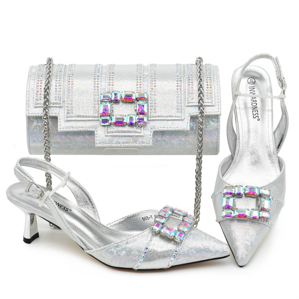 Style Diamond-Studded Pointed Toe Chunky Shoes with Evening Bag Set Italian Fashion Rhinestone Evening Outfit 260127 - view 6