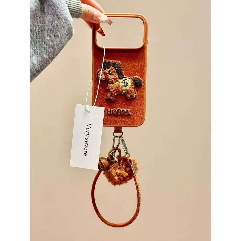 Autumn Winter Velvet Embroidered Money Pony Handheld Strap Compatible with Apple 17 Pro Max Phone 16 iPhone 15 Case S260128