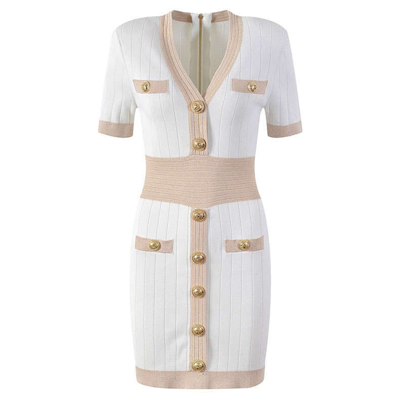 Light luxury 2026 designer summer gold thread slim fit V-neck short sleeved knitted MIDI dress