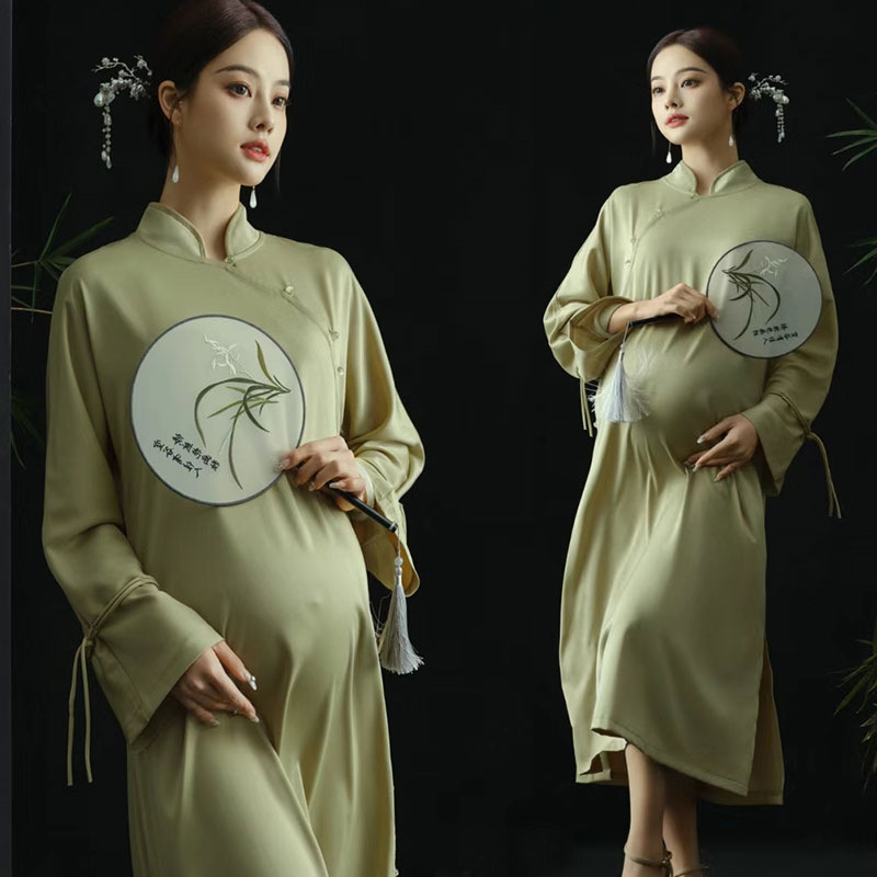 Pography Theme Maternity Chinese Style Po Shoot Outfit Pregnant Mom Big Belly Po Ink Painting Style Shooting Long Dress 240507